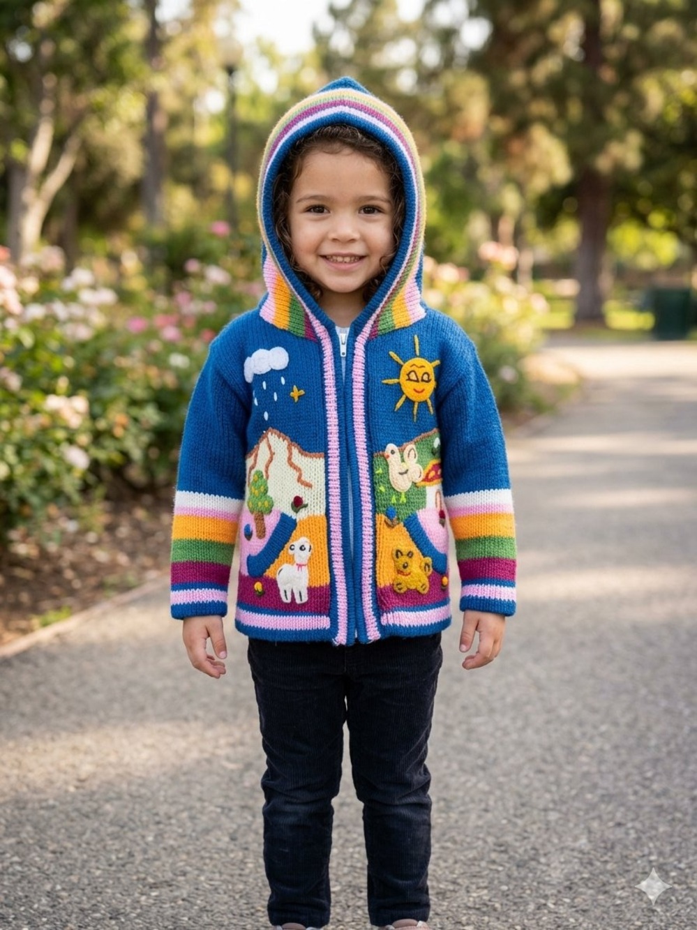Vintage Peruvian Knit Hooded Sweater Jacket 3T Blue Rainbow Embroidered Alpaca